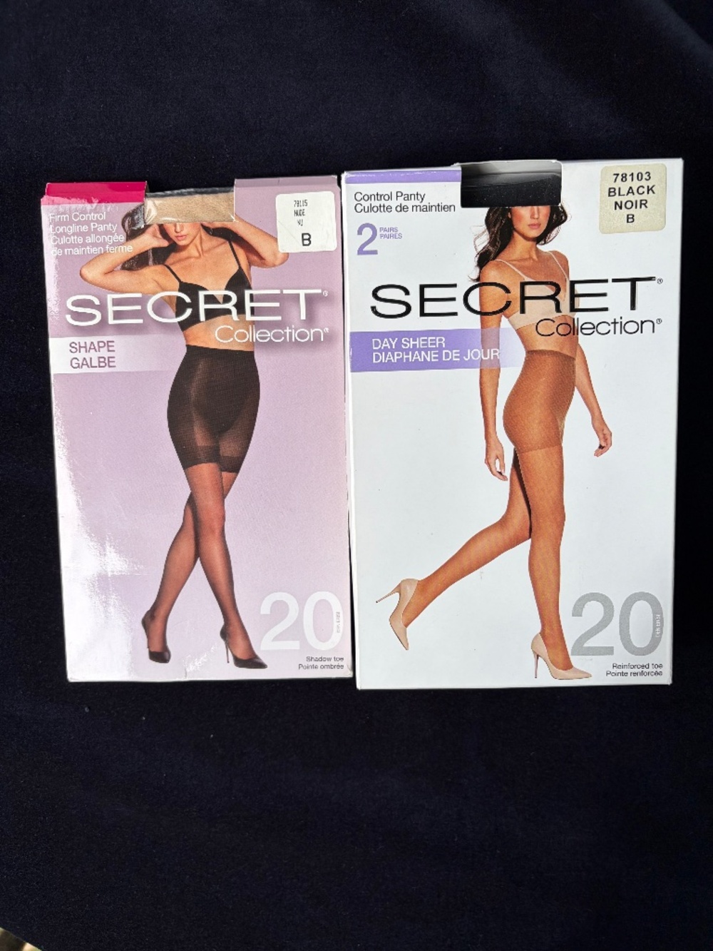There pairs (B) control-top pantyhose by Secret: in black (x2) & nude (x1), BNIB